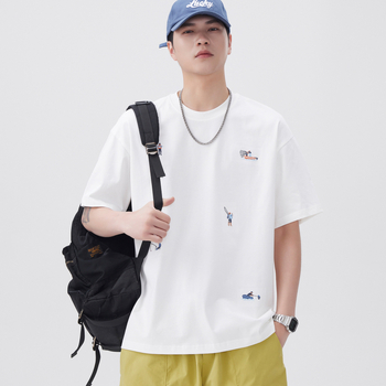 Tricou bumbac brodat pentru bărbați, mâneci scurte, croială lejeră, guler rotund, uscare rapidă, vara 2025