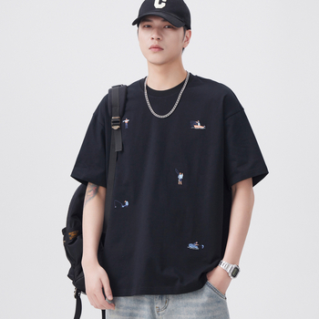 Tricou bumbac brodat pentru bărbați, mâneci scurte, croială lejeră, guler rotund, uscare rapidă, vara 2025