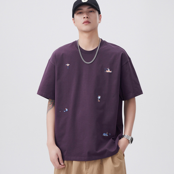 Tricou bumbac brodat pentru bărbați, mâneci scurte, croială lejeră, guler rotund, uscare rapidă, vara 2025