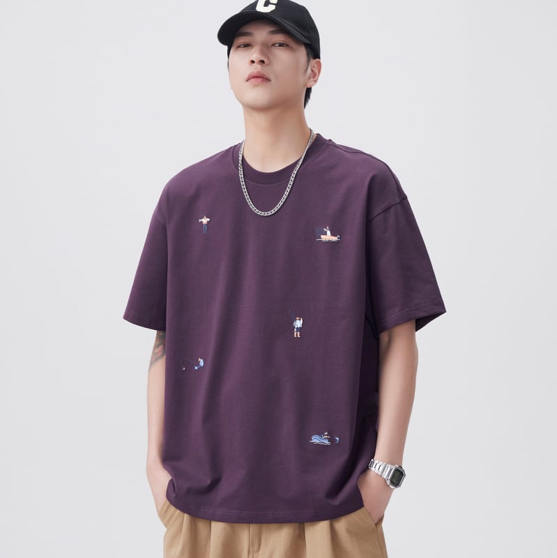 Tricou bumbac brodat pentru bărbați, mâneci scurte, croială lejeră, guler rotund, uscare rapidă, vara 2025