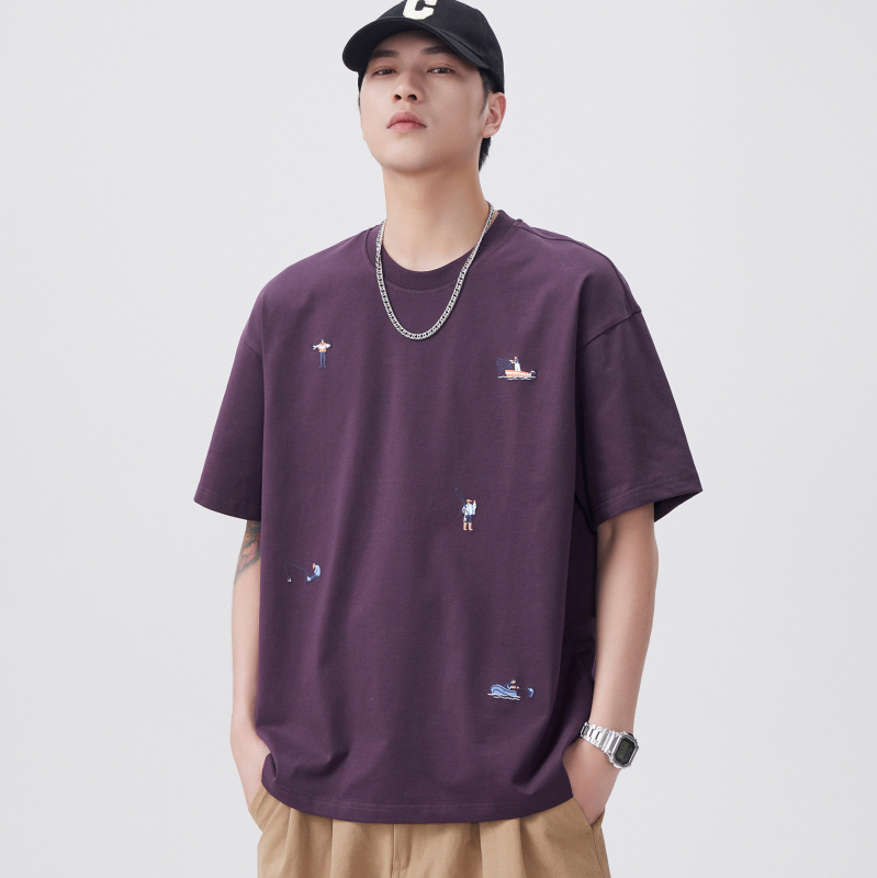 Tricou bumbac brodat pentru bărbați, mâneci scurte, croială lejeră, guler rotund, uscare rapidă, vara 2025