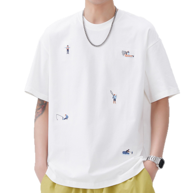 Tricou bumbac brodat pentru bărbați, mâneci scurte, croială lejeră, guler rotund, uscare rapidă, vara 2025