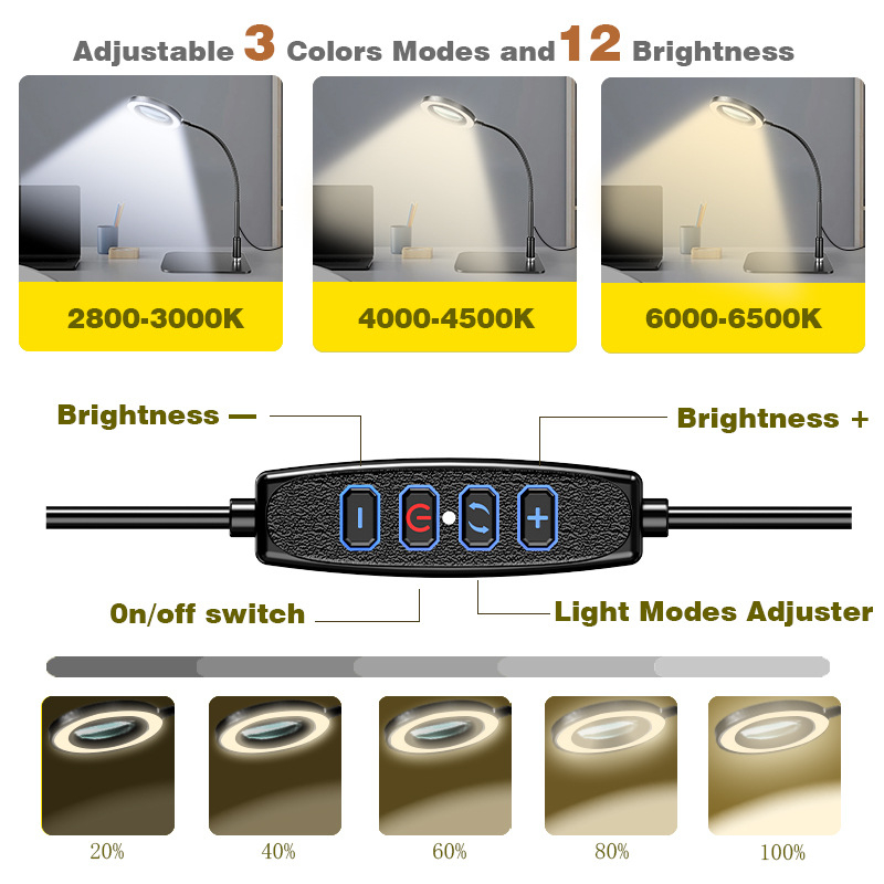 Stolna lampa povećala s LED za čitanje, manikuru i graviranje; 10–15W, 3000–6500K, 400 lm, USB napajanje, 10× povećanje