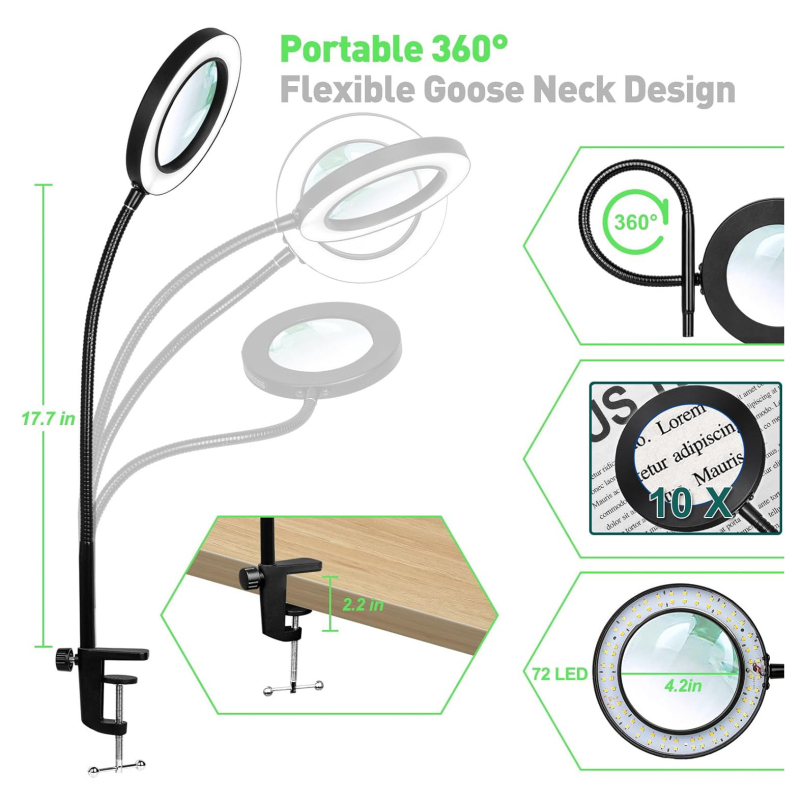 Stolna lampa povećala s LED za čitanje, manikuru i graviranje; 10–15W, 3000–6500K, 400 lm, USB napajanje, 10× povećanje