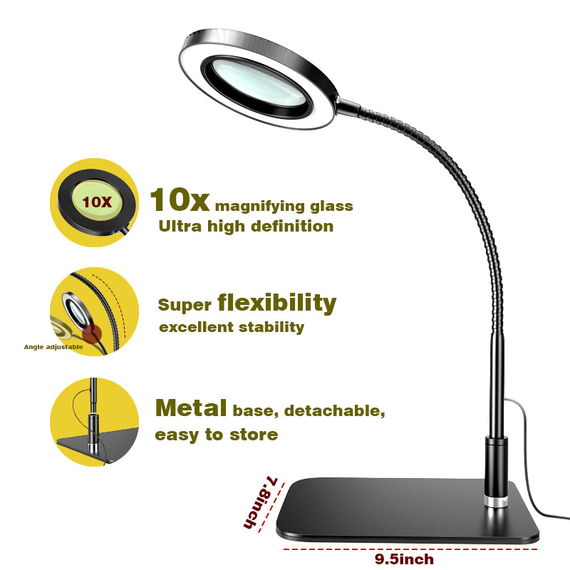Stolna lampa povećala s LED za čitanje, manikuru i graviranje; 10–15W, 3000–6500K, 400 lm, USB napajanje, 10× povećanje