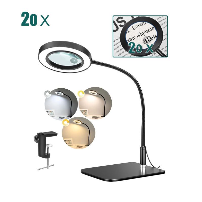 Stolna lampa povećala s LED za čitanje, manikuru i graviranje; 10–15W, 3000–6500K, 400 lm, USB napajanje, 10× povećanje
