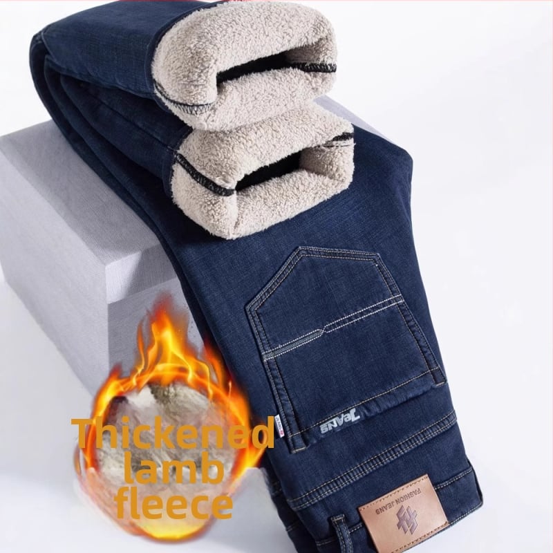 Blugi bărbătești cu căptușeală fleece din lână de miel, croială dreaptă, talie medie, fermoar, broderie, buzunare decorative