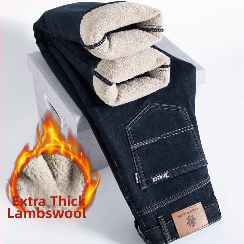 Blugi bărbătești cu căptușeală fleece din lână de miel, croială dreaptă, talie medie, fermoar, broderie, buzunare decorative