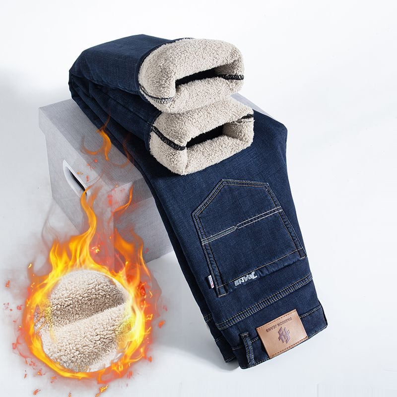 Blugi bărbătești cu căptușeală fleece din lână de miel, croială dreaptă, talie medie, fermoar, broderie, buzunare decorative