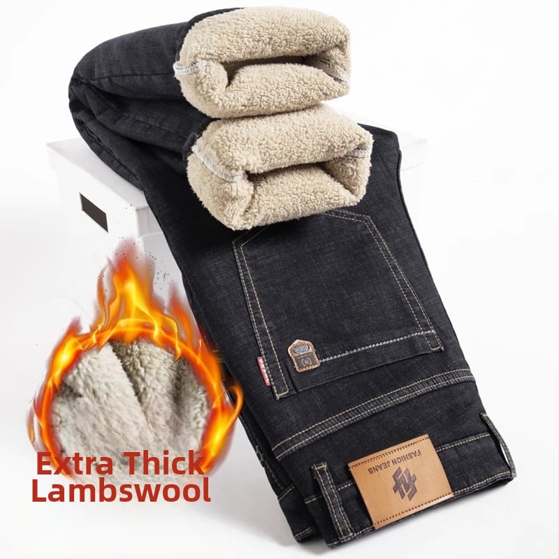 Blugi bărbătești cu căptușeală fleece din lână de miel, croială dreaptă, talie medie, fermoar, broderie, buzunare decorative