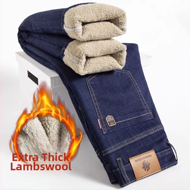 Blugi bărbătești cu căptușeală fleece din lână de miel, croială dreaptă, talie medie, fermoar, broderie, buzunare decorative