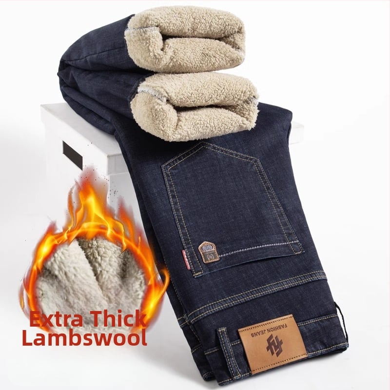 Blugi bărbătești cu căptușeală fleece din lână de miel, croială dreaptă, talie medie, fermoar, broderie, buzunare decorative