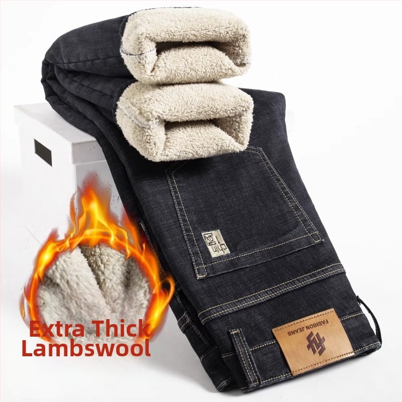 Blugi bărbătești cu căptușeală fleece din lână de miel, croială dreaptă, talie medie, fermoar, broderie, buzunare decorative