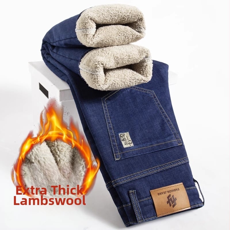 Blugi bărbătești cu căptușeală fleece din lână de miel, croială dreaptă, talie medie, fermoar, broderie, buzunare decorative