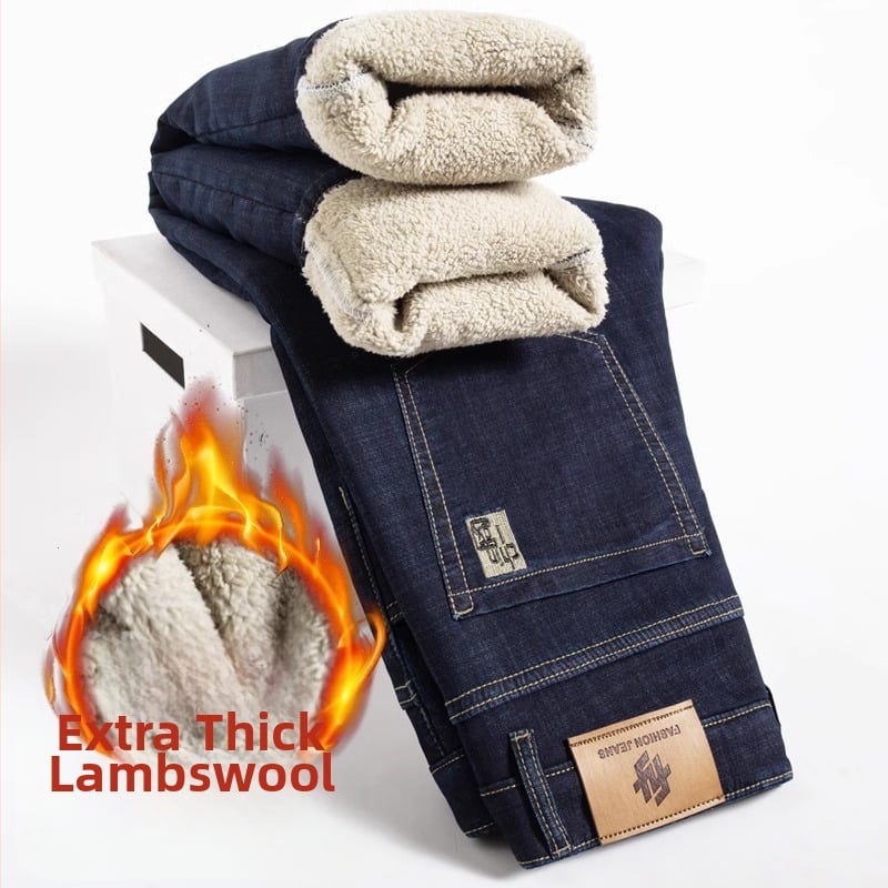 Blugi bărbătești cu căptușeală fleece din lână de miel, croială dreaptă, talie medie, fermoar, broderie, buzunare decorative