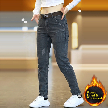 Jeansi bărbați, Slim fit, elastici, de iarnă, cu buzunare multiple, fermoar