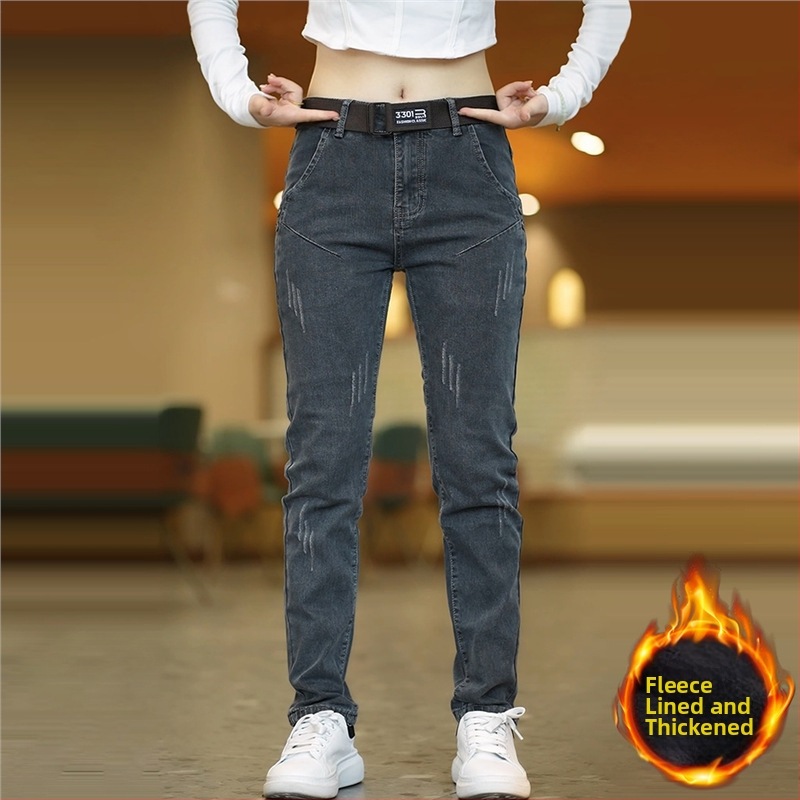 Jeansi bărbați, Slim fit, elastici, de iarnă, cu buzunare multiple, fermoar