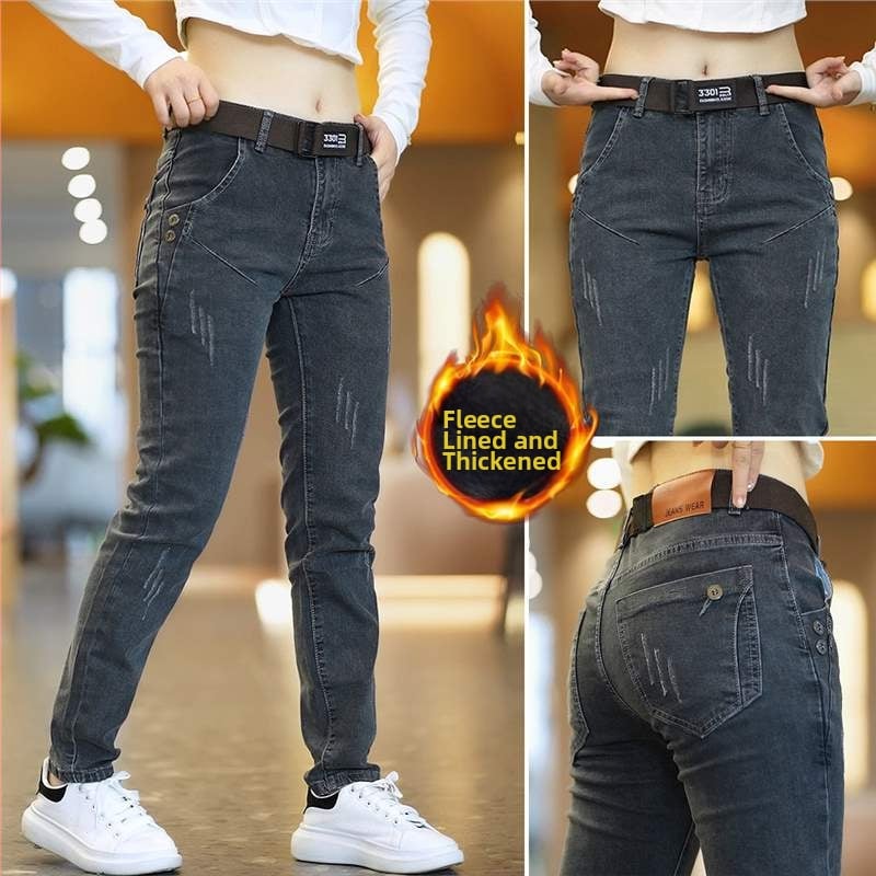 Jeansi bărbați, Slim fit, elastici, de iarnă, cu buzunare multiple, fermoar
