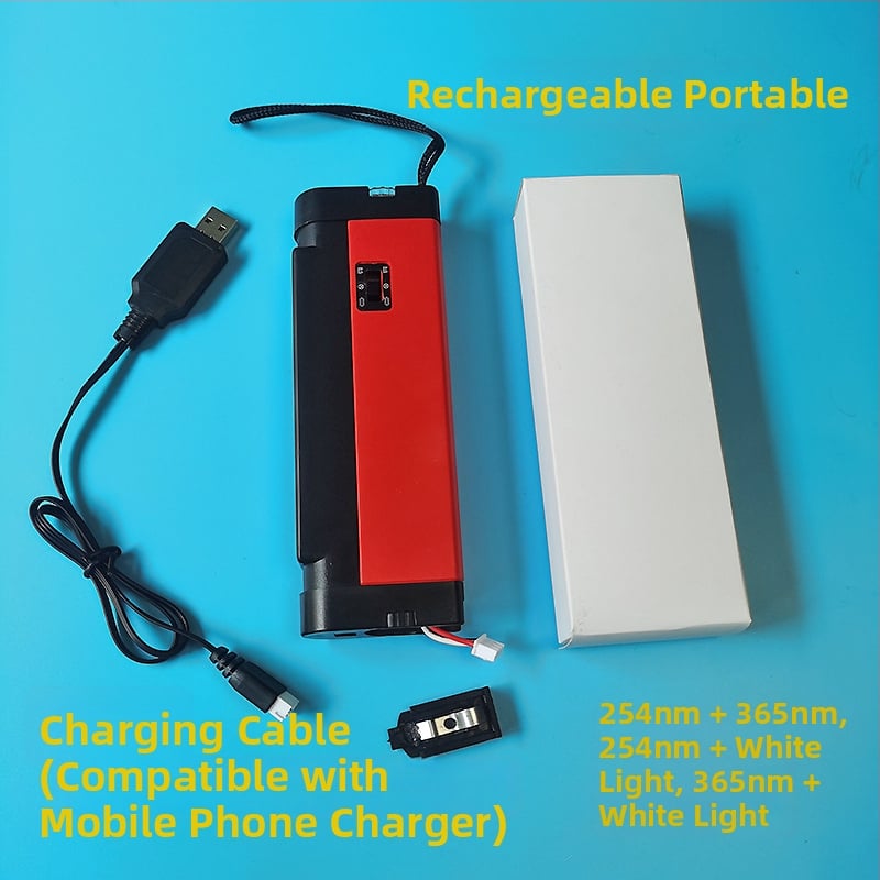 Hordozható UV-lámpa fehér wolfram ércek felkutatására, üveg-tin felület értékelésére és fluoreszcencia észlelésére — G-5 fej, 4 W, 6-8.4 V, 253.7 lm