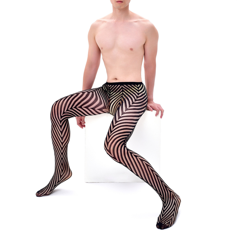 Muške prozračne mrežaste bodstockings s nogama, tanki najlon, geometrijski uzorak, duljina čarapa, sexy