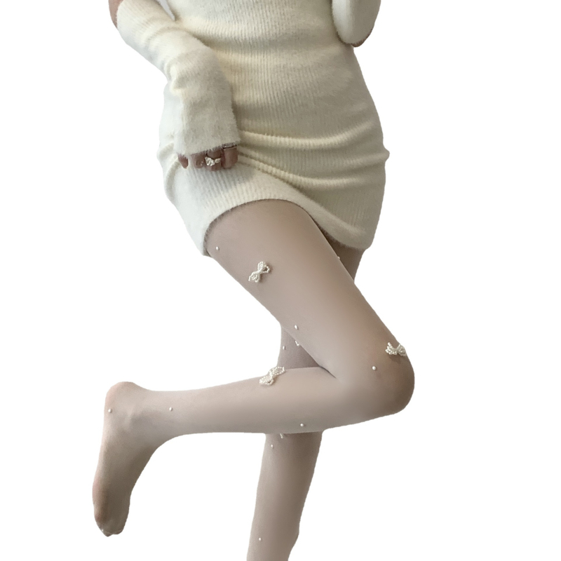 Ženske čarape, ručno izrađene, s leptir biserima i kristalima; nježne i otmjene, tanke. Tehničke specifikacije: Materijal: Cored Wire; Glavni materijal: najlon smjesa (80%); Debljina: tanka; Duljina: pančarice; Ciljana dobna skupina: 18–40.