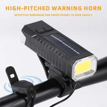 Велосипеден фар с предупредителен клаксон и LED светлина, слънчево USB двойно зареждане