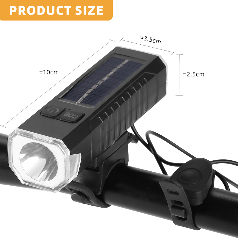 Велосипеден фар с предупредителен клаксон и LED светлина, слънчево USB двойно зареждане