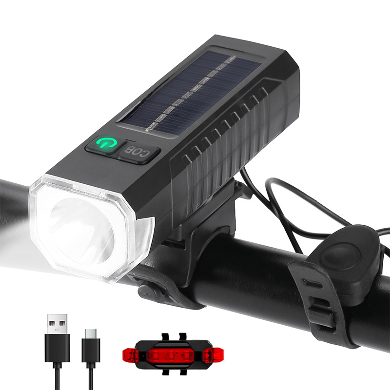 Велосипеден фар с предупредителен клаксон и LED светлина, слънчево USB двойно зареждане