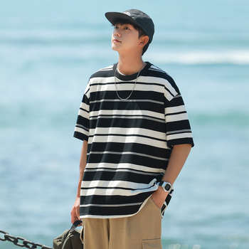 Tricou pentru bărbați cu mânecă scurtă NASA colaborare, croială lejeră, dungi, bumbac 96%+, respirabil, stil Hong Kong