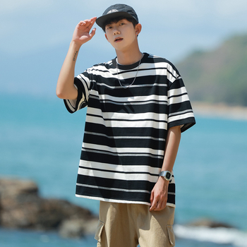 Tricou pentru bărbați cu mânecă scurtă NASA colaborare, croială lejeră, dungi, bumbac 96%+, respirabil, stil Hong Kong