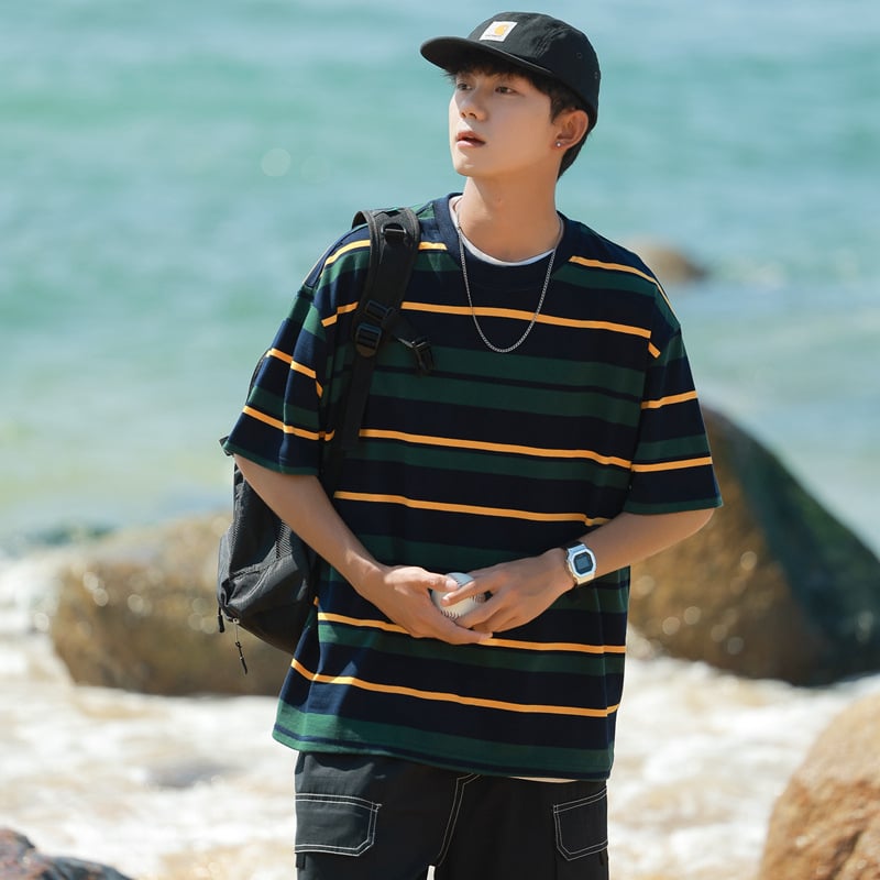 Tricou pentru bărbați cu mânecă scurtă NASA colaborare, croială lejeră, dungi, bumbac 96%+, respirabil, stil Hong Kong