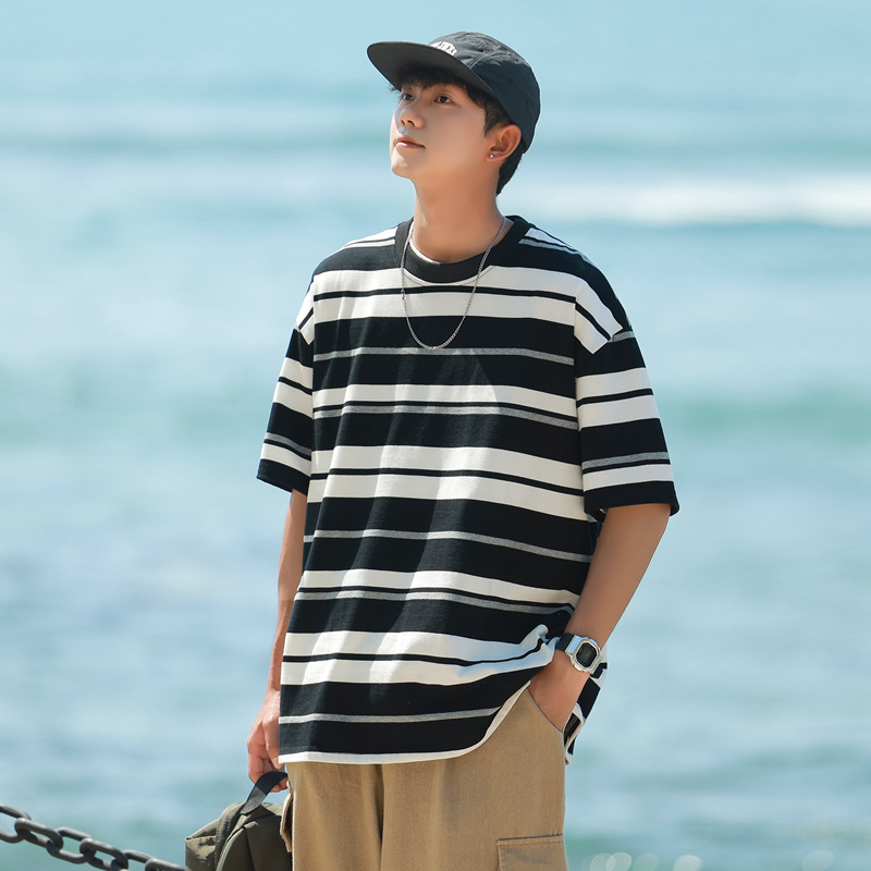 Tricou pentru bărbați cu mânecă scurtă NASA colaborare, croială lejeră, dungi, bumbac 96%+, respirabil, stil Hong Kong