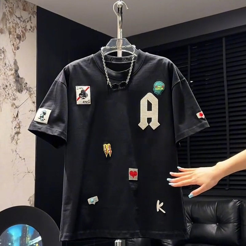 Pamučni muški T-shirt s kratkim rukavima, uski kroj, okrugli izrez
