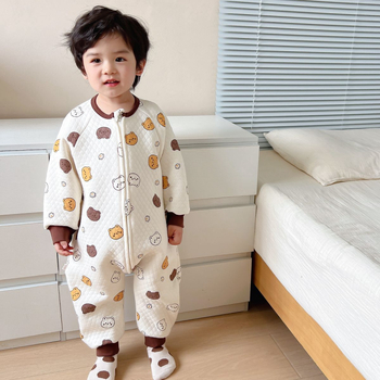 Детски памучен дебел гащеризон‑спален чувал с дълъг ръкав, корейски стил, карикатурен принт, за деца 3–8 г