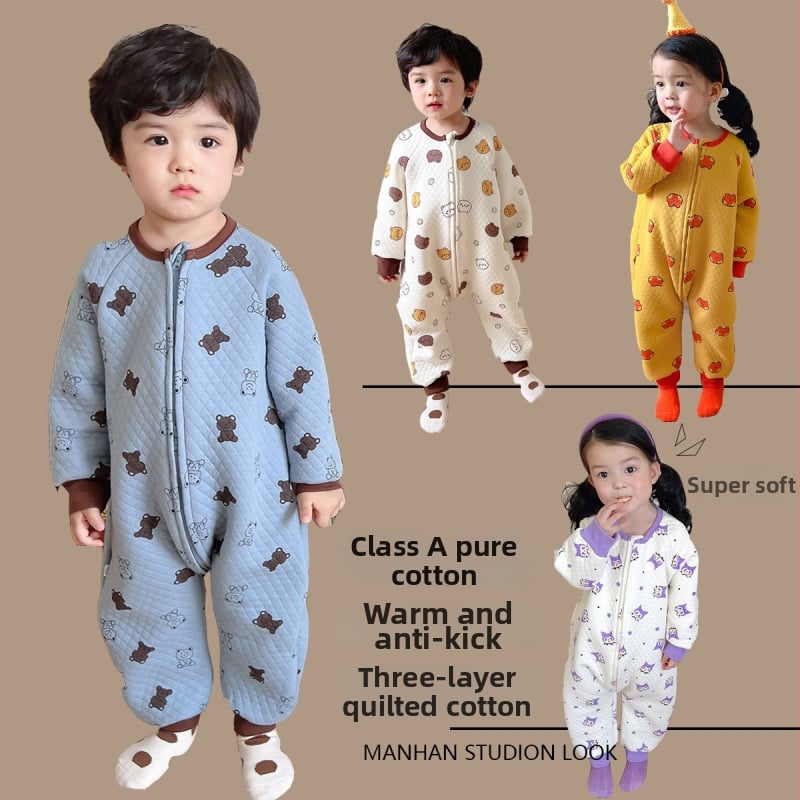 Детски памучен дебел гащеризон‑спален чувал с дълъг ръкав, корейски стил, карикатурен принт, за деца 3–8 г