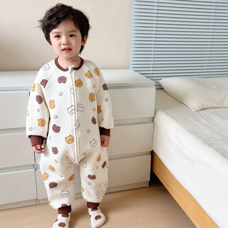 Детски памучен дебел гащеризон‑спален чувал с дълъг ръкав, корейски стил, карикатурен принт, за деца 3–8 г
