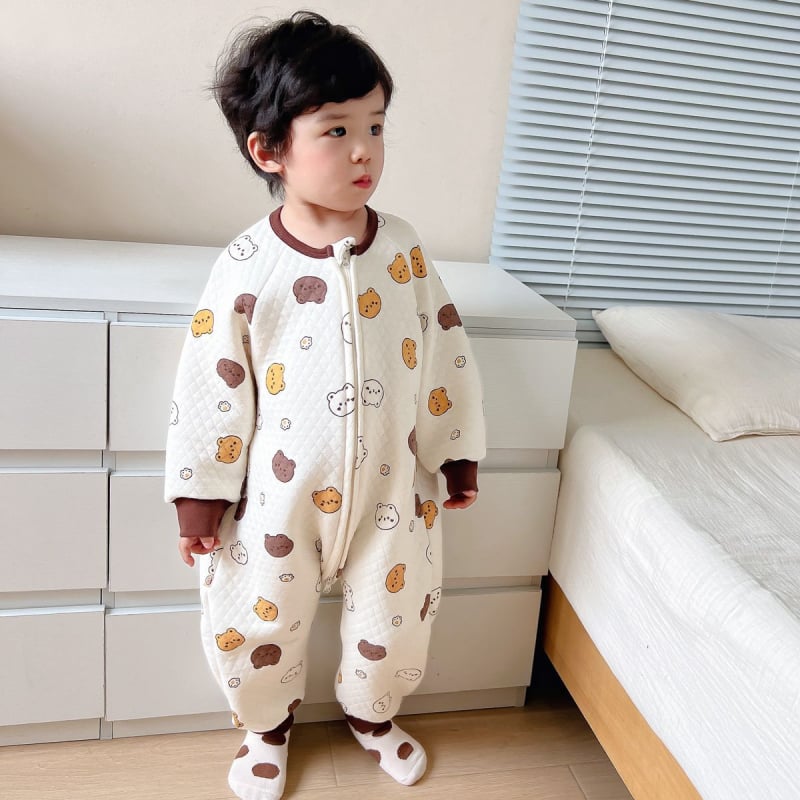 Детски памучен дебел гащеризон‑спален чувал с дълъг ръкав, корейски стил, карикатурен принт, за деца 3–8 г