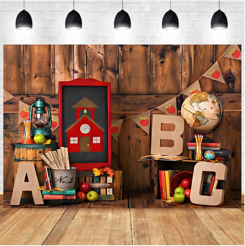 Fundal din pânză vinilică pentru fotografie, cu motif ABC și glob pământesc; greutate 150 g