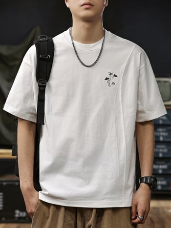 Muška T‑majica s vezom, 100% pamuk, okrugli izrez, kratki rukavi s spuštenim ramenima, slobodan kroj