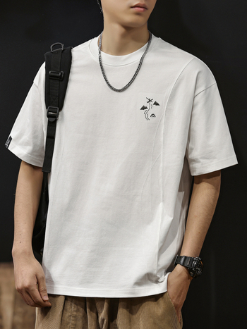 Muška T‑majica s vezom, 100% pamuk, okrugli izrez, kratki rukavi s spuštenim ramenima, slobodan kroj