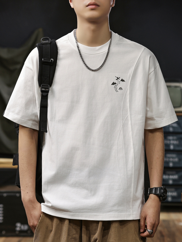 Muška T‑majica s vezom, 100% pamuk, okrugli izrez, kratki rukavi s spuštenim ramenima, slobodan kroj