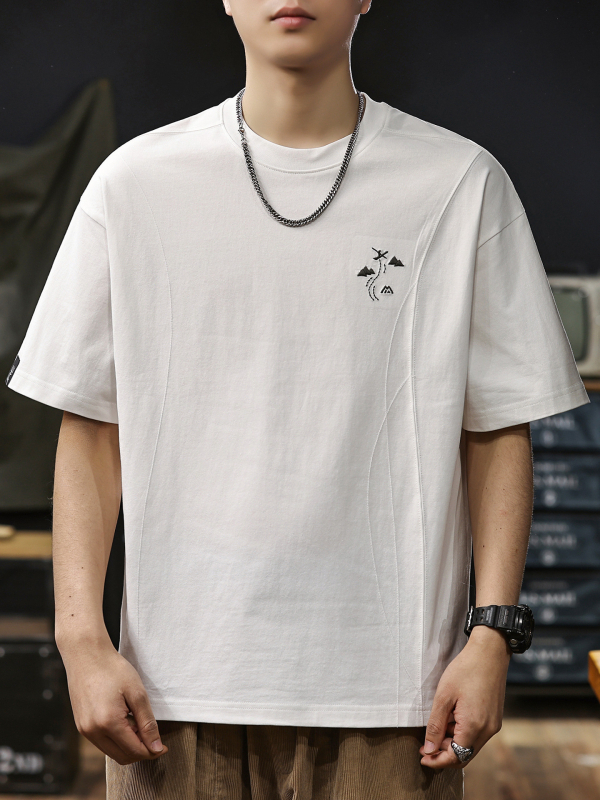 Muška T‑majica s vezom, 100% pamuk, okrugli izrez, kratki rukavi s spuštenim ramenima, slobodan kroj