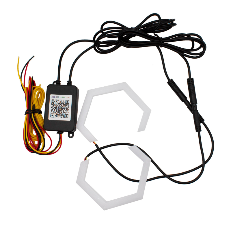 Inel LED Angel Eyes cu margine hexagonal pentru autovehicule, 2 LED-uri, 9–30V, PC+LED, potrivit pentru autoturisme, camioane și vehicule electrice