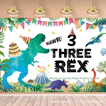 Pozadie látka, kreslený dinosaurus téma, pre oslavu 3-ročného chlapca, vinyl materiál, model SD3952