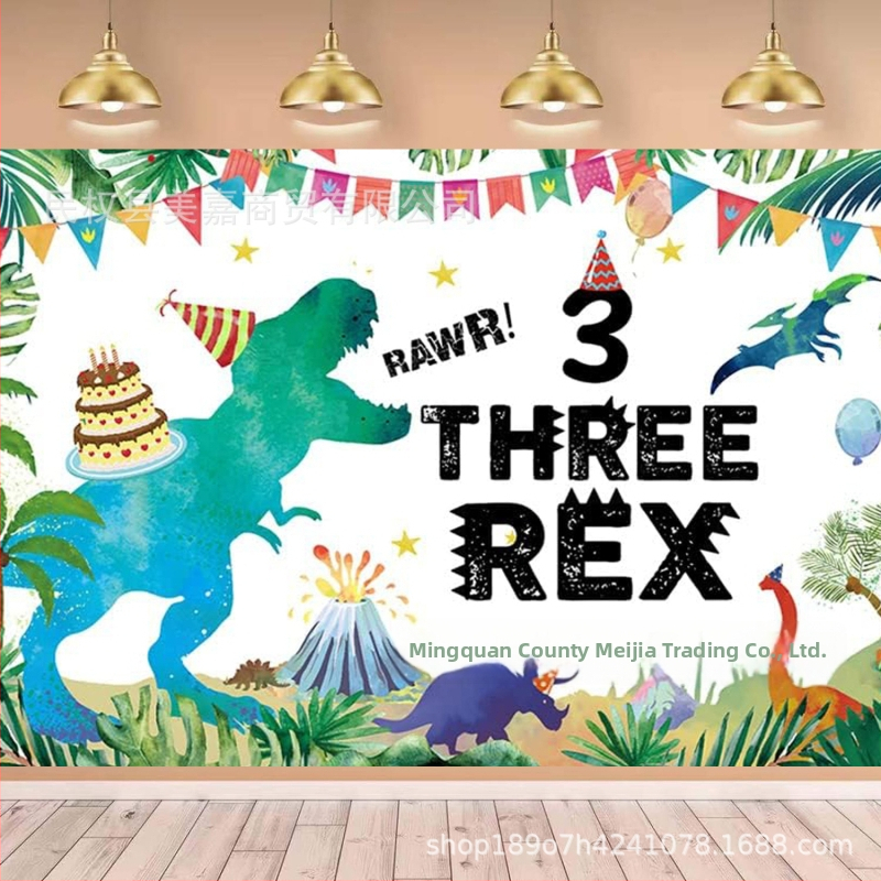 Pozadie látka, kreslený dinosaurus téma, pre oslavu 3-ročného chlapca, vinyl materiál, model SD3952