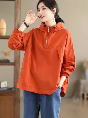 Košulja s kapuljom, slobodan kroj, dugi rukavi, pamuk-poliester mješavina, korejski gradski stil
