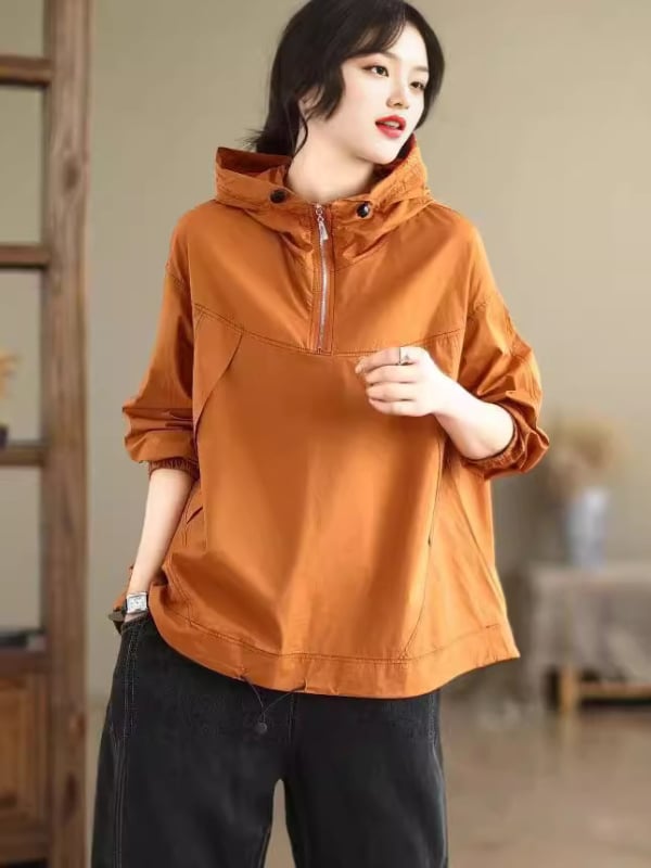 Košulja s kapuljom, slobodan kroj, dugi rukavi, pamuk-poliester mješavina, korejski gradski stil