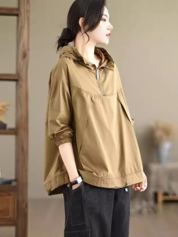 Košulja s kapuljom, slobodan kroj, dugi rukavi, pamuk-poliester mješavina, korejski gradski stil