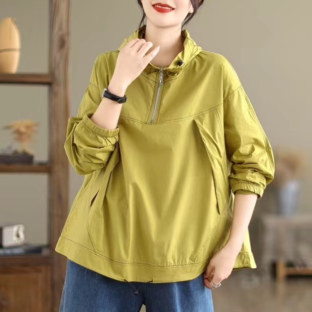 Košulja s kapuljom, slobodan kroj, dugi rukavi, pamuk-poliester mješavina, korejski gradski stil