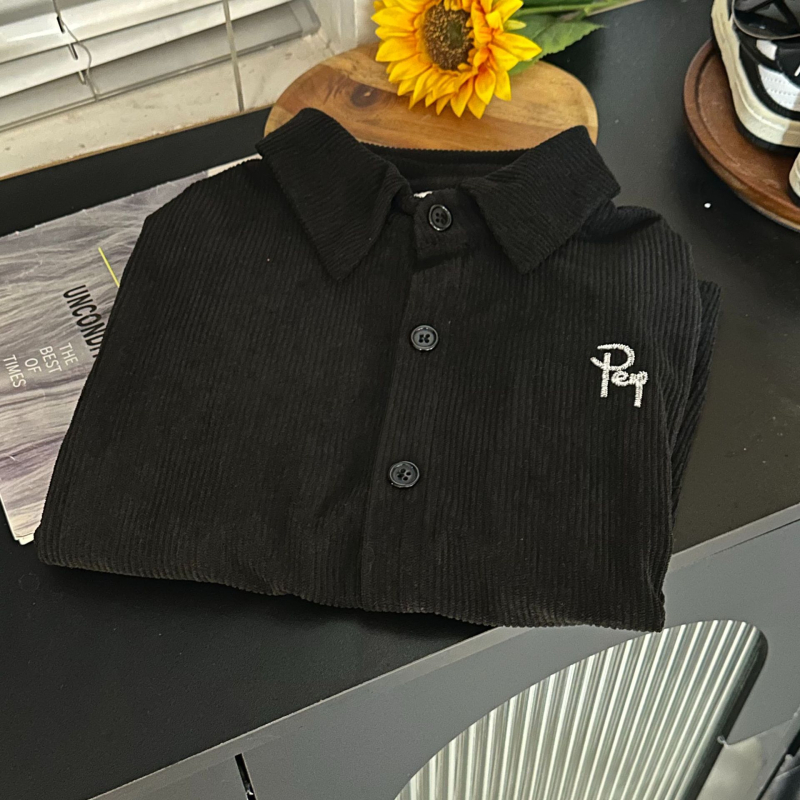 Ženska corduroy polo majica, dugi rukavi, izvezeni, redovitog kroja, polo ovratnik